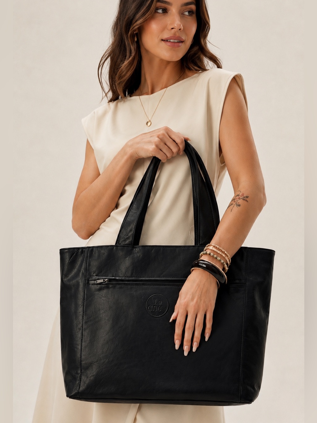 Le Club Oversized Black Faux Leather Tote Bag Nearly New